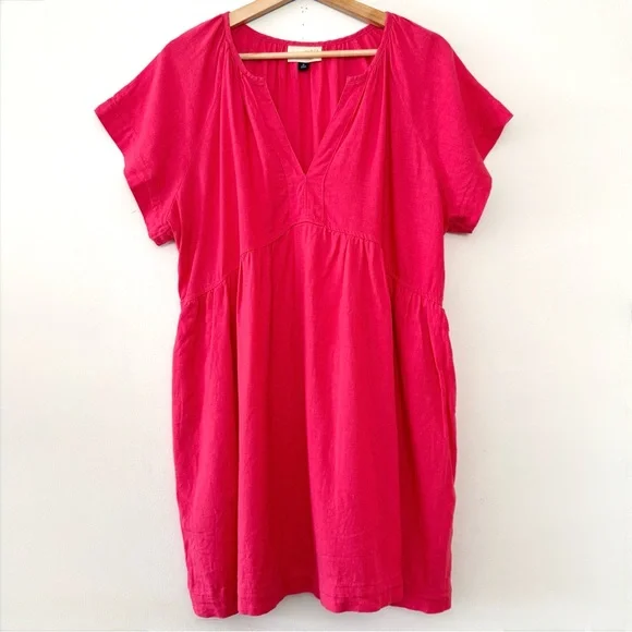Universal Thread Pink Linen Flowy Short Sleeve A-Line Short Dress V-Neck Pocket - Picture 1 of 12